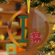 Load image into Gallery viewer, Greek Monogram Glass Ornament: Ι-Iota Green Letter With Red Ornament Design