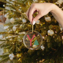 Load image into Gallery viewer, Greek Monogram Glass Ornament: Υ-Upsilon Red Letter With Green Christmas Tree Design