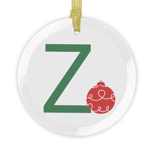 Load image into Gallery viewer, Greek Monogram Glass Ornament: Z-Zeta Green Letter With Red Ornament Design