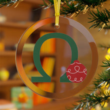 Load image into Gallery viewer, Greek Monogram Glass Ornament: Ω-Omega Green Letter With Red Ornament Design