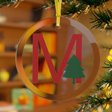 Load image into Gallery viewer, Greek Monogram Glass Ornament: M-Mu Red Letter With Green Christmas Tree Design