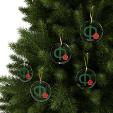 Load image into Gallery viewer, Greek Monogram Glass Ornament: Φ-Phi Green Letter With Red Ornament Design