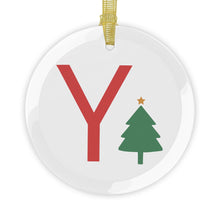 Load image into Gallery viewer, Greek Monogram Glass Ornament: Υ-Upsilon Red Letter With Green Christmas Tree Design
