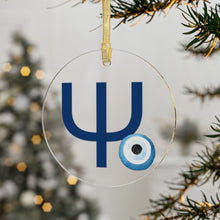 Load image into Gallery viewer, Greek Monogram Acrylic Ornament: Ψ-Psi Blue Letter with Watercolor Mati Design