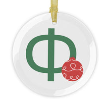 Load image into Gallery viewer, Greek Monogram Glass Ornament: Φ-Phi Green Letter With Red Ornament Design