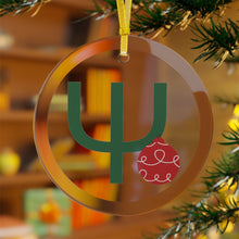 Load image into Gallery viewer, Greek Monogram Glass Ornament: Ψ-Psi Green Letter With Red Ornament Design