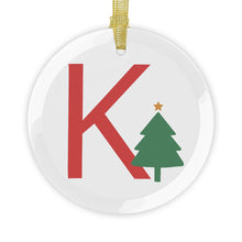 Load image into Gallery viewer, Greek Monogram Glass Ornament: K-Kappa Red Letter With Green Christmas Tree Design