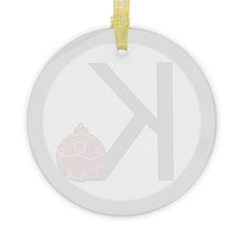 Load image into Gallery viewer, Greek Monogram Glass Ornament: K-Kappa Green Letter With Red Ornament Design