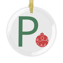Load image into Gallery viewer, Greek Monogram Glass Ornament: P-Rho Green Letter With Red Ornament Design