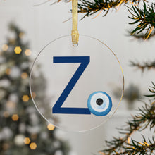 Load image into Gallery viewer, Greek Monogram Acrylic Ornament: Z-Zeta Blue Letter with Watercolor Mati Design