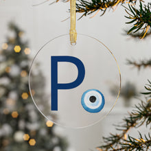 Load image into Gallery viewer, Greek Monogram Acrylic Ornament: P-Rho Blue Letter with Watercolor Mati Design