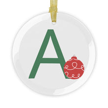 Load image into Gallery viewer, Greek Monogram Glass Ornament: A-ALPHA Green Letter With Red Ornament Design