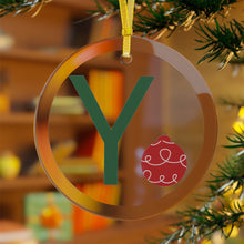 Load image into Gallery viewer, Greek Monogram Glass Ornament: Υ-Upsilon Green Letter With Red Ornament Design