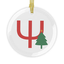 Load image into Gallery viewer, Greek Monogram Glass Ornament: Ψ-Psi Red Letter With Green Christmas Tree Design