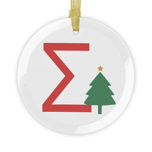 Load image into Gallery viewer, Greek Monogram Glass Ornament: Σ-Sigma Red Letter With Green Christmas Tree Design