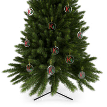 Load image into Gallery viewer, Greek Monogram Glass Ornament: K-Kappa Red Letter With Green Christmas Tree Design