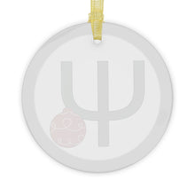 Load image into Gallery viewer, Greek Monogram Glass Ornament: Ψ-Psi Green Letter With Red Ornament Design