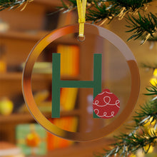 Load image into Gallery viewer, Greek Monogram Glass Ornament: H-Eta Green Letter With Red Ornament Design