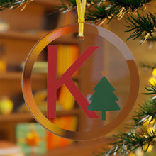 Load image into Gallery viewer, Greek Monogram Glass Ornament: K-Kappa Red Letter With Green Christmas Tree Design