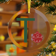 Load image into Gallery viewer, Greek Monogram Glass Ornament: T-Tau Green Letter With Red Ornament Design