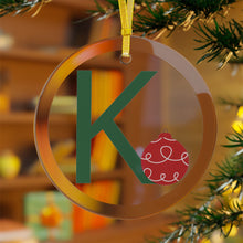 Load image into Gallery viewer, Greek Monogram Glass Ornament: K-Kappa Green Letter With Red Ornament Design