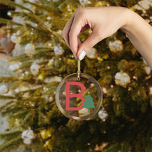 Load image into Gallery viewer, Greek Monogram Glass Ornament: B-Beta Red Letter With Green Christmas Tree Design