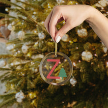 Load image into Gallery viewer, Greek Monogram Glass Ornament: Z-Zeta Red Letter With Green Christmas Tree Design