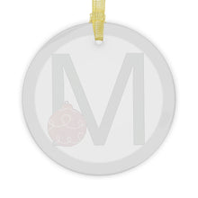 Load image into Gallery viewer, Greek Monogram Glass Ornament: Μ-Mu Green Letter With Red Ornament Design
