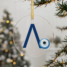 Load image into Gallery viewer, Greek Monogram Acrylic Ornament: Λ-Lambda Blue Letter with Watercolor Mati Design