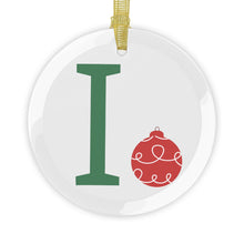 Load image into Gallery viewer, Greek Monogram Glass Ornament: Ι-Iota Green Letter With Red Ornament Design