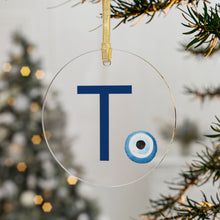 Load image into Gallery viewer, Greek Monogram Acrylic Ornament: T-Tau Blue Letter with Watercolor Mati Design