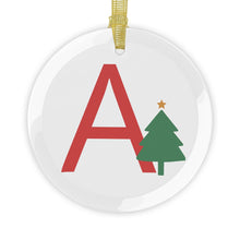 Load image into Gallery viewer, Greek Monogram Glass Ornament: A-ALPHA Red Letter With Green Christmas Tree Design