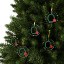 Load image into Gallery viewer, Greek Monogram Glass Ornament: O-Omicron Green Letter With Red Ornament Design