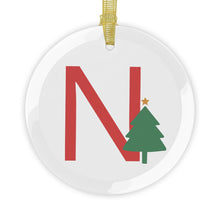 Load image into Gallery viewer, Greek Monogram Glass Ornament: N-Nu Red Letter With Green Christmas Tree Design