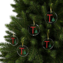Load image into Gallery viewer, Greek Monogram Glass Ornament: T-Tau Red Letter With Green Christmas Tree Design