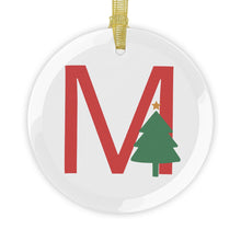 Load image into Gallery viewer, Greek Monogram Glass Ornament: M-Mu Red Letter With Green Christmas Tree Design