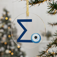 Load image into Gallery viewer, Greek Monogram Acrylic Ornament: Σ-Sigma Blue Letter with Watercolor Mati Design