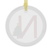 Load image into Gallery viewer, Greek Monogram Glass Ornament: N-Nu Red Letter With Green Christmas Tree Design