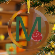 Load image into Gallery viewer, Greek Monogram Glass Ornament: Μ-Mu Green Letter With Red Ornament Design