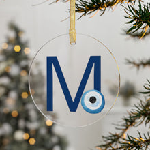 Load image into Gallery viewer, Greek Monogram Acrylic Ornament: M-Mu Blue Letter with Watercolor Mati Design