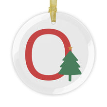 Load image into Gallery viewer, Greek Monogram Glass Ornament: O-Omicron Red Letter With Green Christmas Tree Design