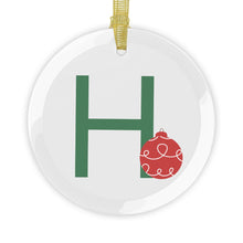 Load image into Gallery viewer, Greek Monogram Glass Ornament: H-Eta Green Letter With Red Ornament Design