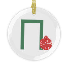 Load image into Gallery viewer, Greek Monogram Glass Ornament: Π-Pi Green Letter With Red Ornament Design