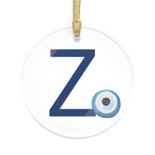 Load image into Gallery viewer, Greek Monogram Acrylic Ornament: Z-Zeta Blue Letter with Watercolor Mati Design