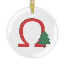 Load image into Gallery viewer, Greek Monogram Glass Ornament: Ω-Omega Red Letter With Green Christmas Tree Design