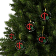 Load image into Gallery viewer, Greek Monogram Glass Ornament: Φ-Phi Red Letter With Green Christmas Tree Design