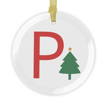 Load image into Gallery viewer, Greek Monogram Glass Ornament: P-Rho Red Letter With Green Christmas Tree Design