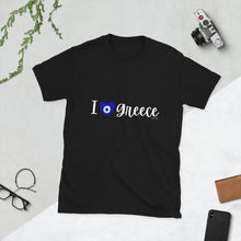 Load image into Gallery viewer, Short-Sleeve Unisex T-Shirt: I (love) Greece Mati Heart-White