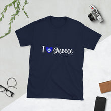 Load image into Gallery viewer, Short-Sleeve Unisex T-Shirt: I (love) Greece Mati Heart-White