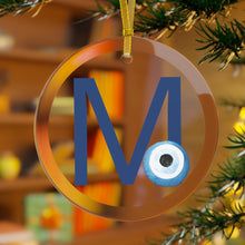 Load image into Gallery viewer, Greek Monogram Glass Ornament: Μ-Mu Blue Letter With Mati Design